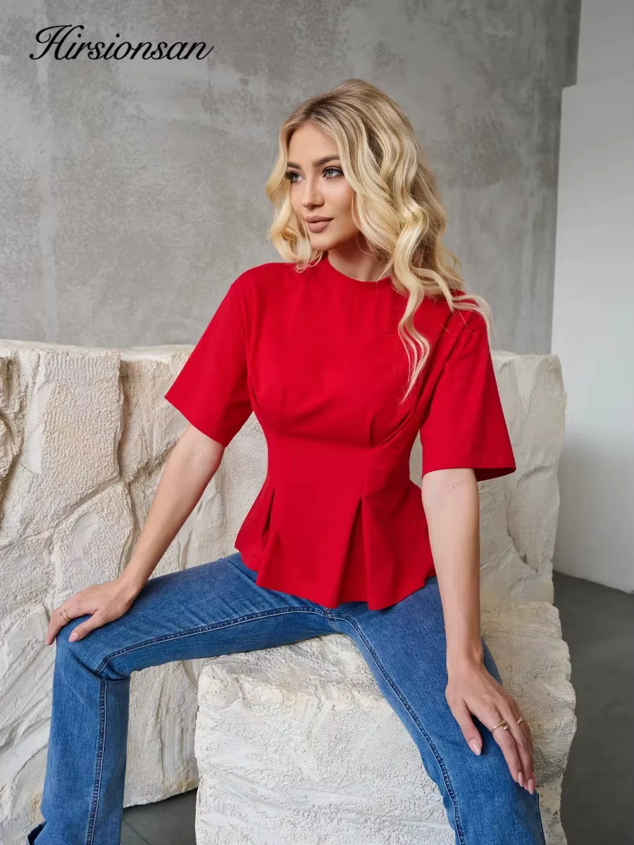 Hirsionsan T-shirt en coton élégant pour femme, collection été 2026, coupe oversize, basique, décont