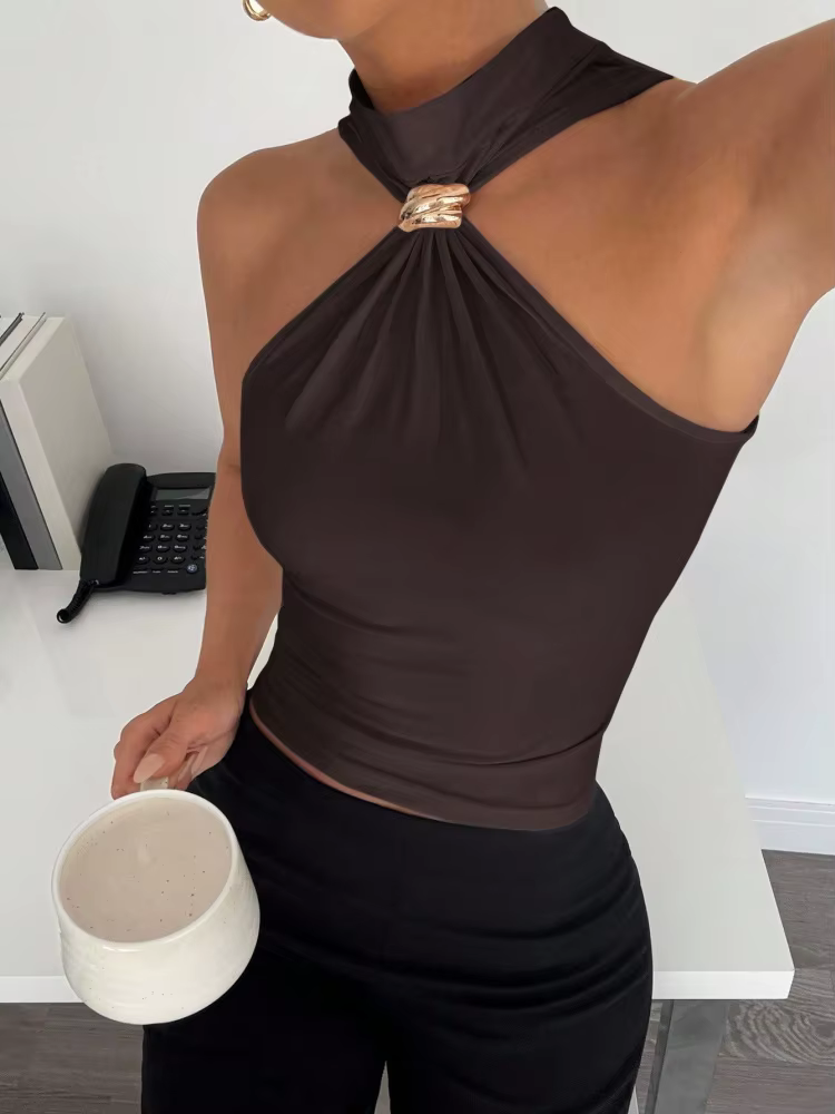 Débardeur sans manches pour femme avec anneau métallique décoratif et nœud torsadé, style décontract