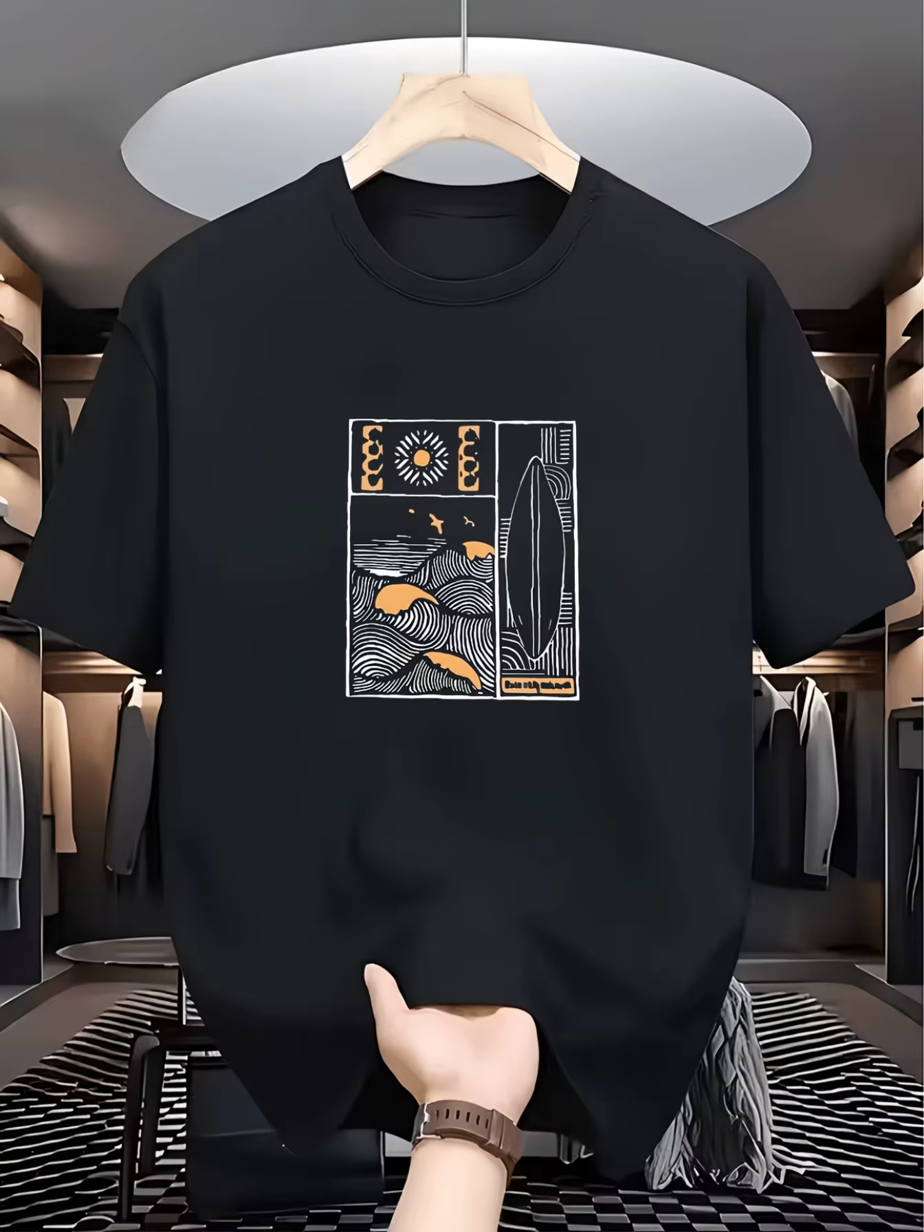 T-shirt pour homme à imprimé vague de surf rétro - Haut décontracté à col rond pour la plage avec mo