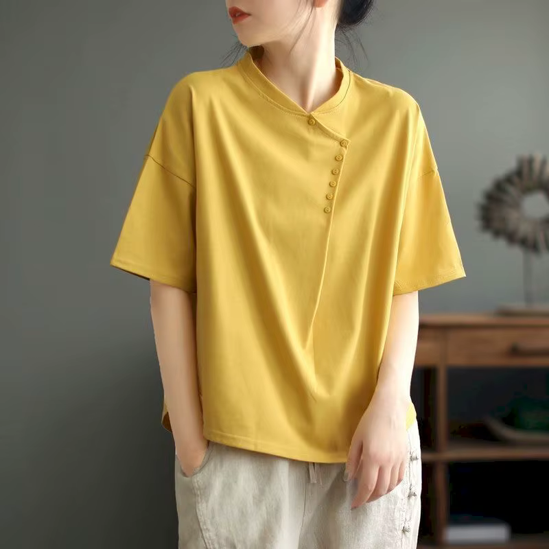 100% coton T-shirt femmes Design de mode bouton col rond T-shirt bonne qualité décontracté ample à m