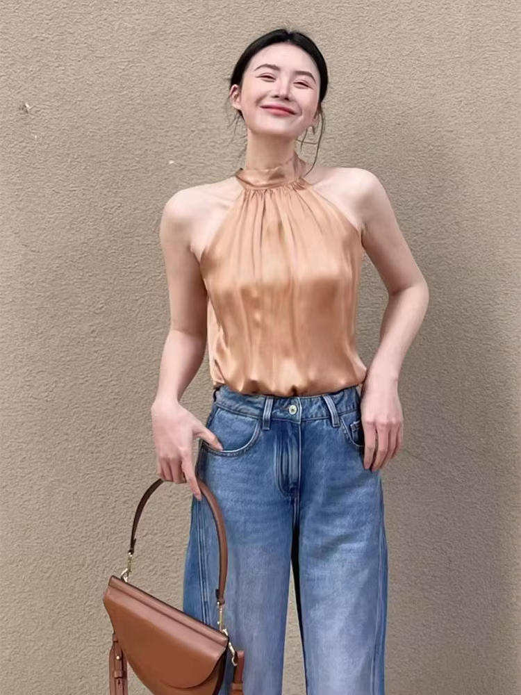 Camisole Chic en Satin pour femmes, col licou, bretelles, plissée, élégante, épaules dénudées, débar