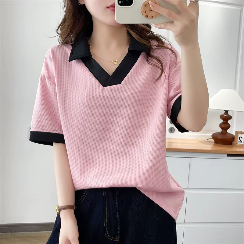 T-shirt décontracté à col polo et blocs de couleur pour femme grande taille, manches courtes, été 20