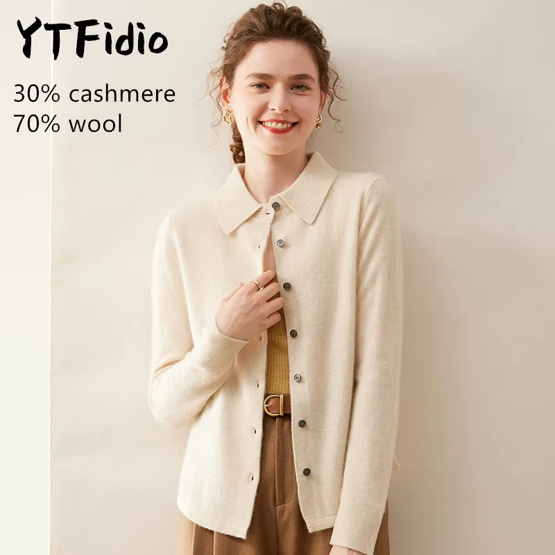 YTFidio cachemire laine mérinos pull femmes col POL à manches longues haut de luxe vêtements de créa