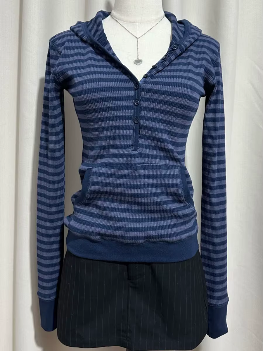 T-shirt à capuche gaufré pour femme, style streetwear printemps, boutons, coton, manches longues, co