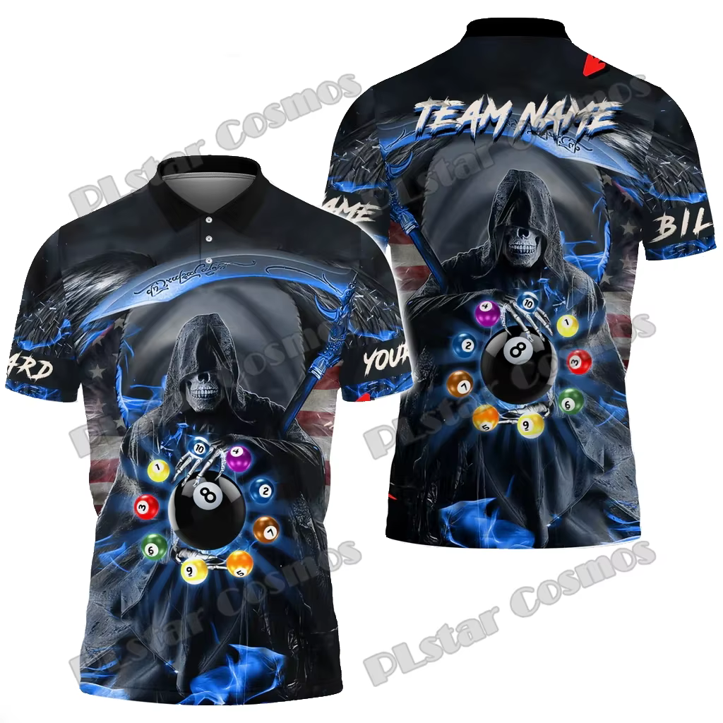 Polo de billard pour homme, motif de sensation de feu, nom d'équipe personnalisé, imprimé en 3D, hau