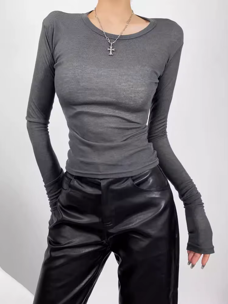 2025 début d'automne fille épicée col rond élastique coupe ajustée mince à manches longues t-shirt f