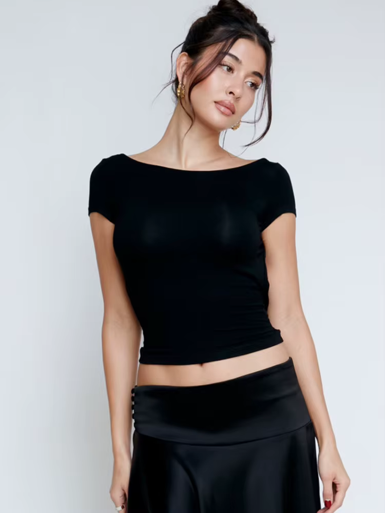 Haut court froncé à manches courtes et col rond pour femme, Streetwear Y2K, T-Shirt décontracté, dos