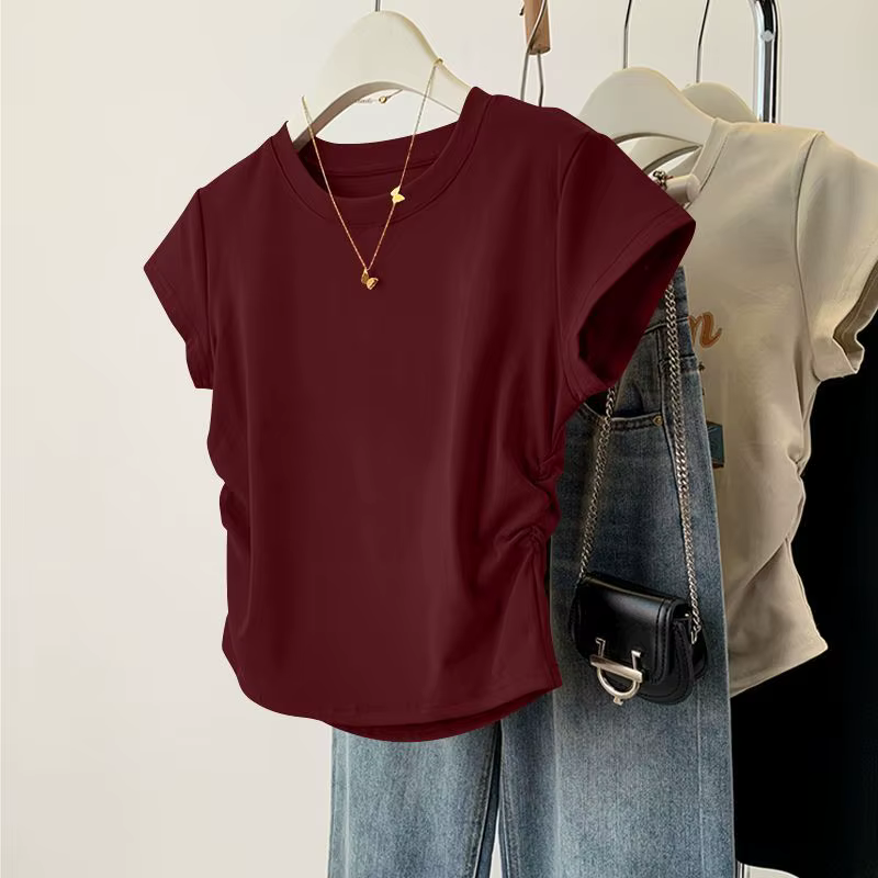 Haut d'été à manches courtes pour femmes, chemise de Base polyvalente, coupe cintrée, col rond, déco