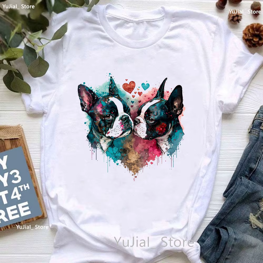 T-shirt imprimé Boston Terrier pour femme, T-shirt imprimé tête de mort et animal, T-shirt pour fill