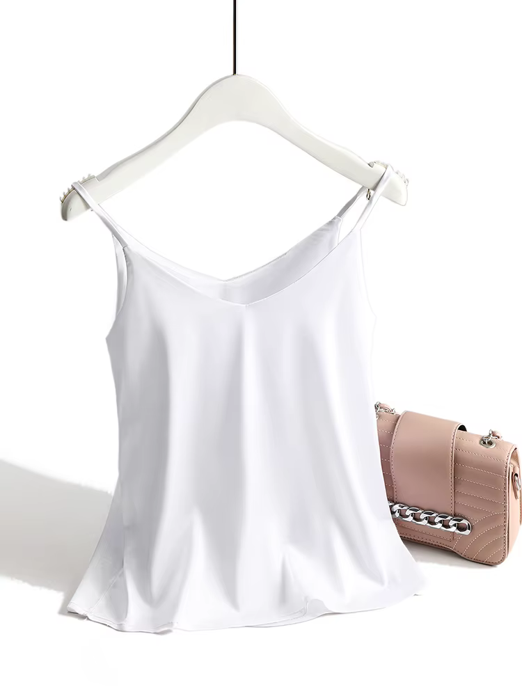 Injprecious-Haut à bretelles spaghetti pour femme, col en V licou, camisole basique en satin blanc, 