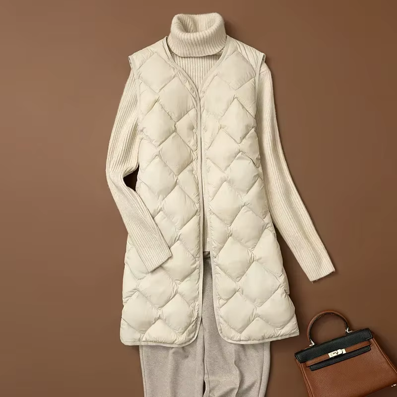 Femmes sans manches x-long Ultra léger doudoune 2024 nouveautés automne hiver mode coréenne col en v