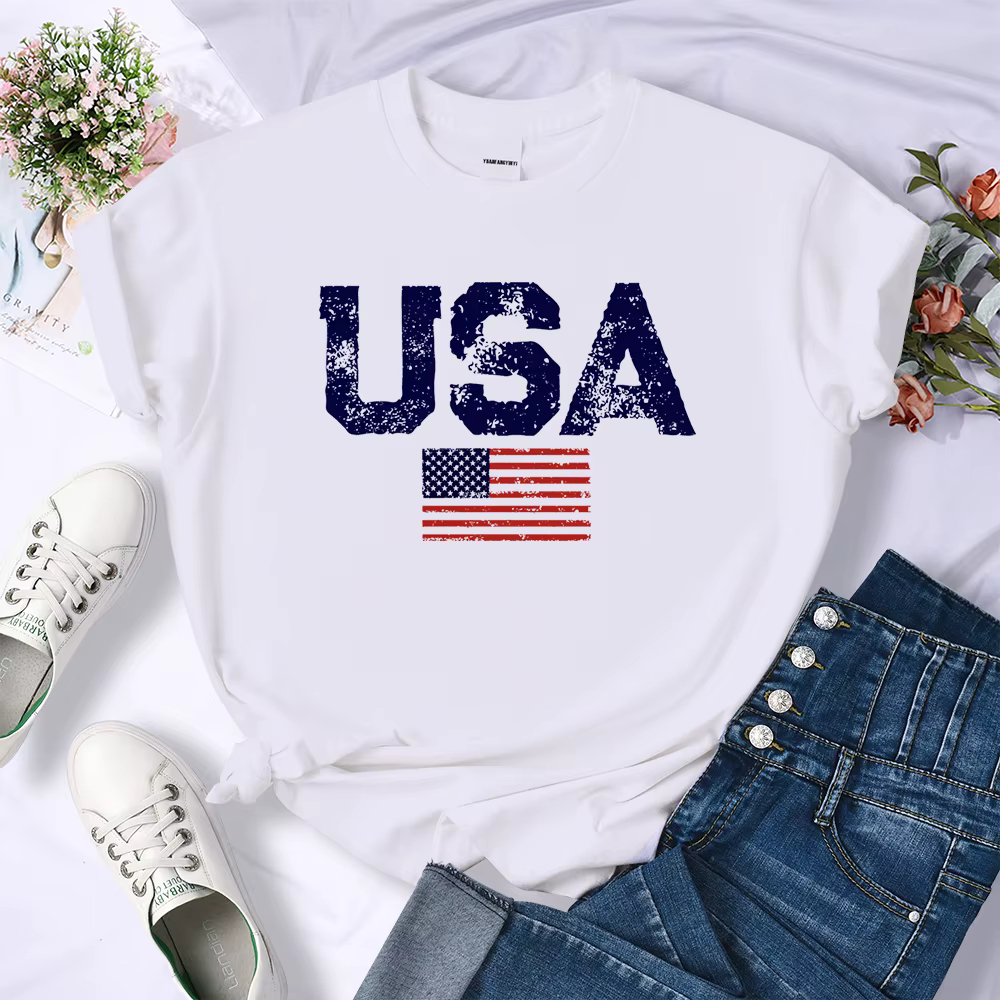 T-shirt à col rond pour femmes, lettres américaines, sensation d'étoiles et de rayures, t-shirts rét