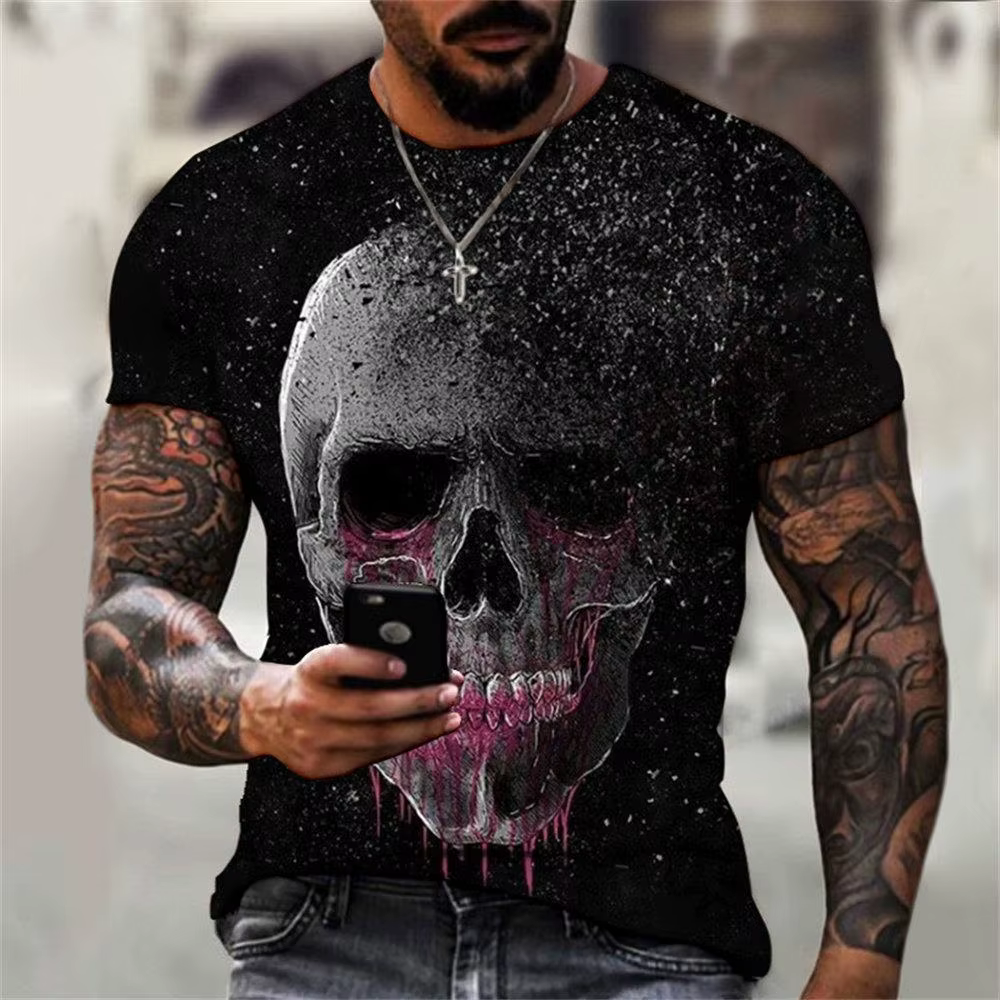 T-shirt imprimé tête de mort 3D rétro, hip hop, personnalité, super cool, horreur, décontracté, mode