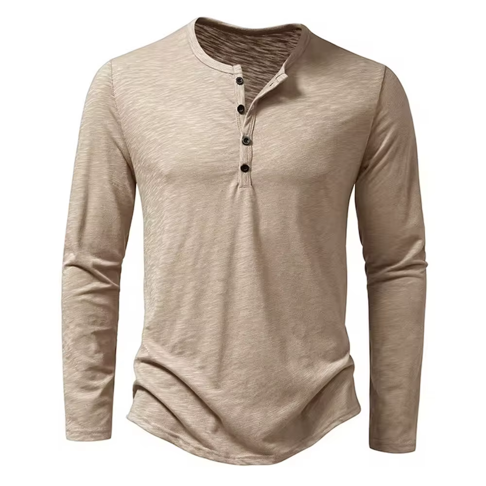 T-Shirt à Manches sulfet Col Henley en Coton pour Homme, Décontracté, Solide, Respirant, Polyvalent,