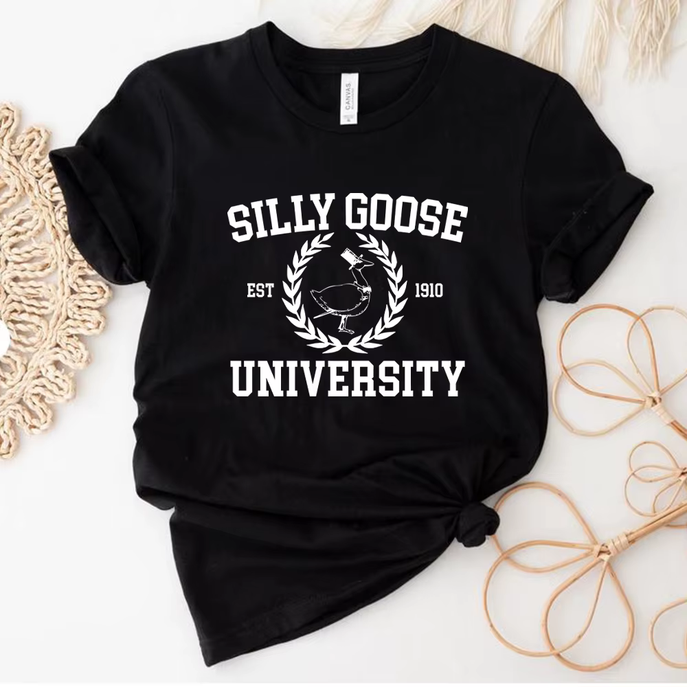 Silly Goose University T-shirt manches courtes unisexe, t-shirts drôles, chemise universitaire vinta