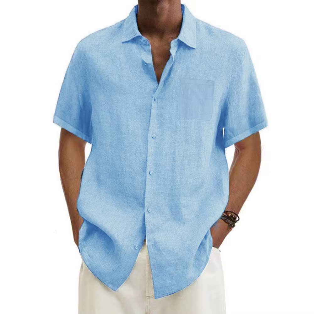 Chemises à manches courtes pour hommes, en coton et lin, couleur unie, col rabattu, décontracté, Sty