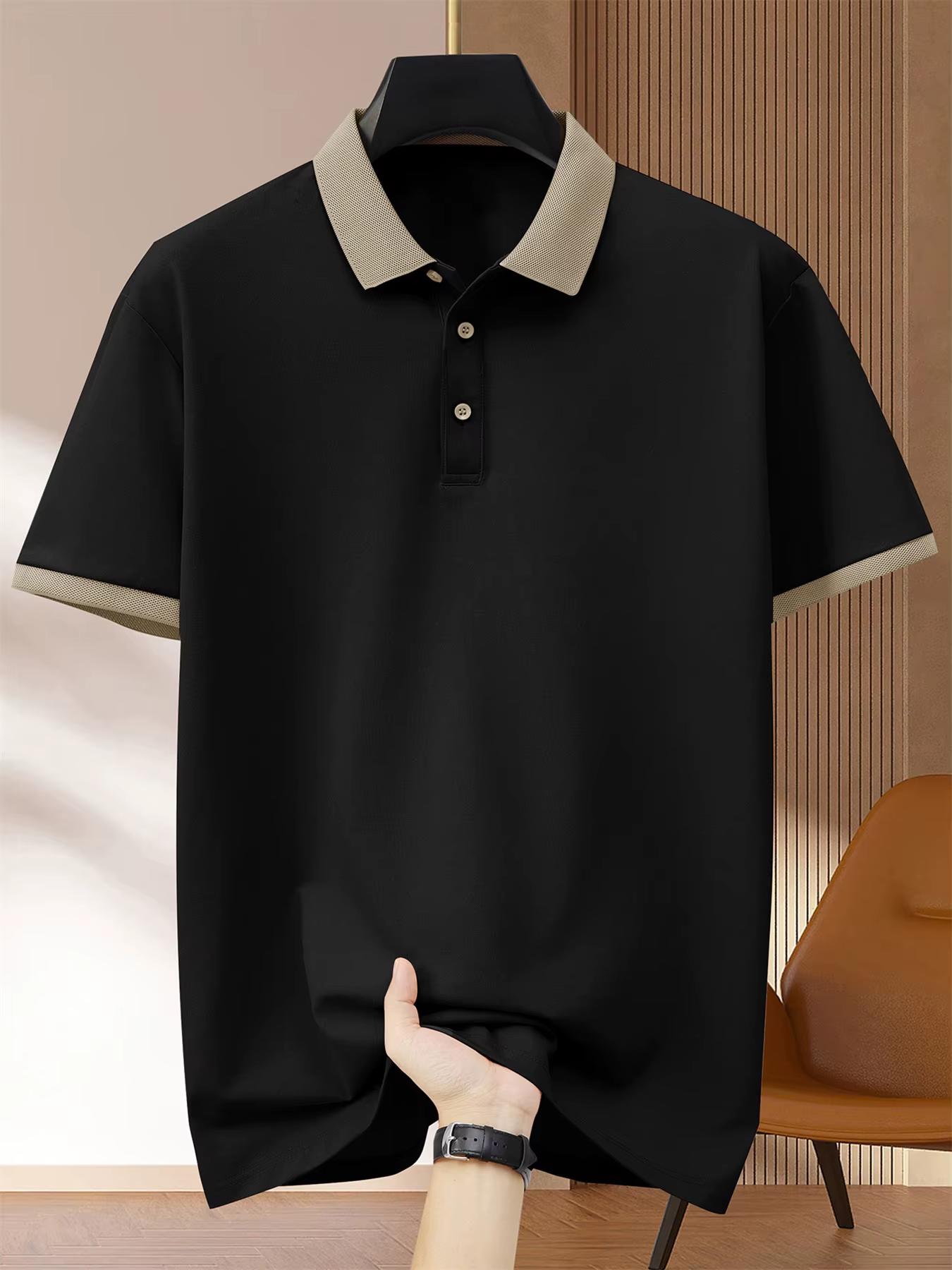 2025 Polo noir pour hommes contraste col Beige manchette manches courtes respirant affaires décontra