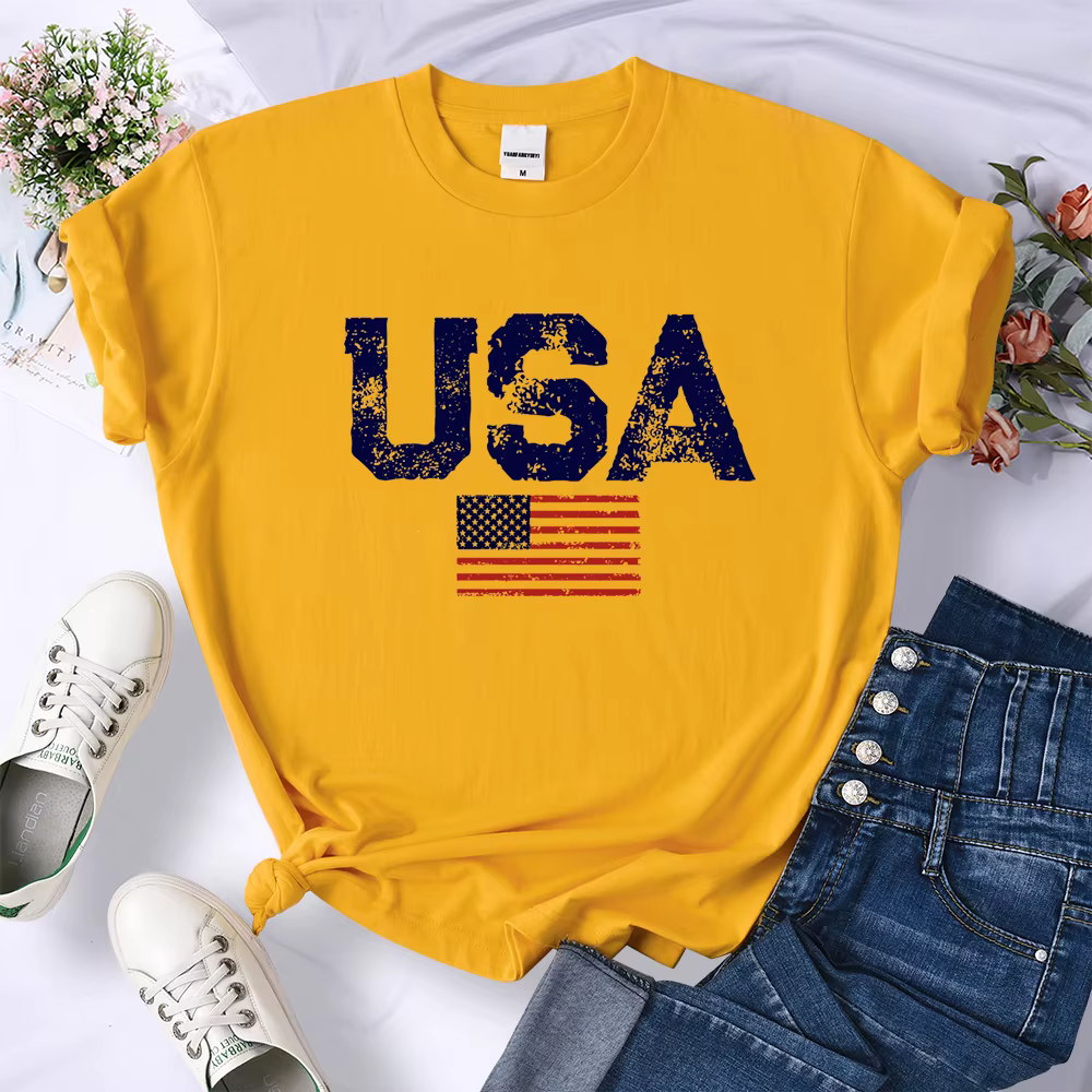T-shirt à col rond pour femmes, lettres américaines, sensation d'étoiles et de rayures, t-shirts rét