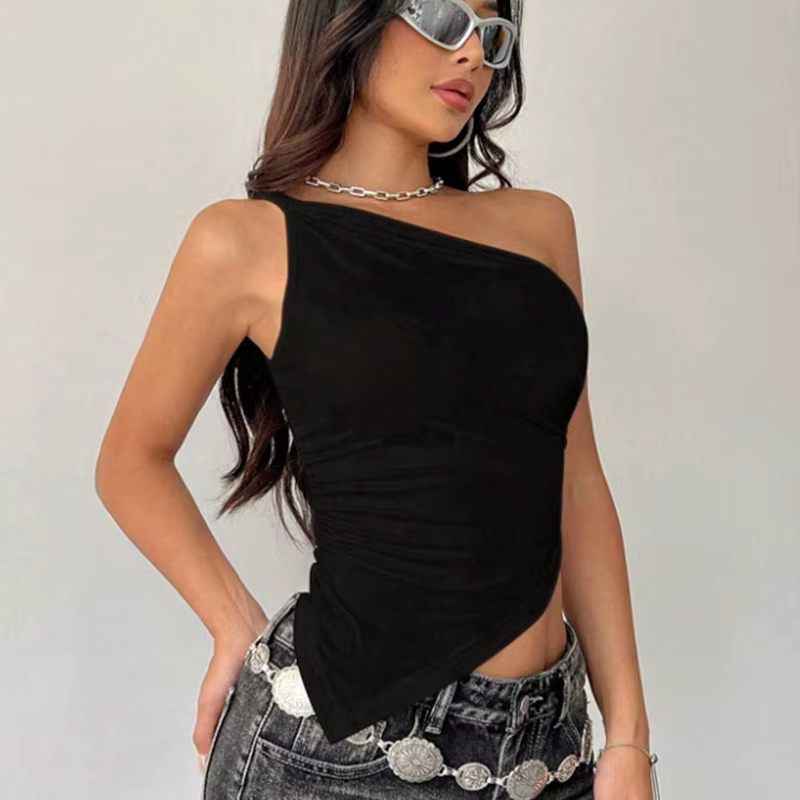 2025 nouveau T-Shirt femme décontracté à la mode couleur unie simple épaule asymétrique haut ajusté 
