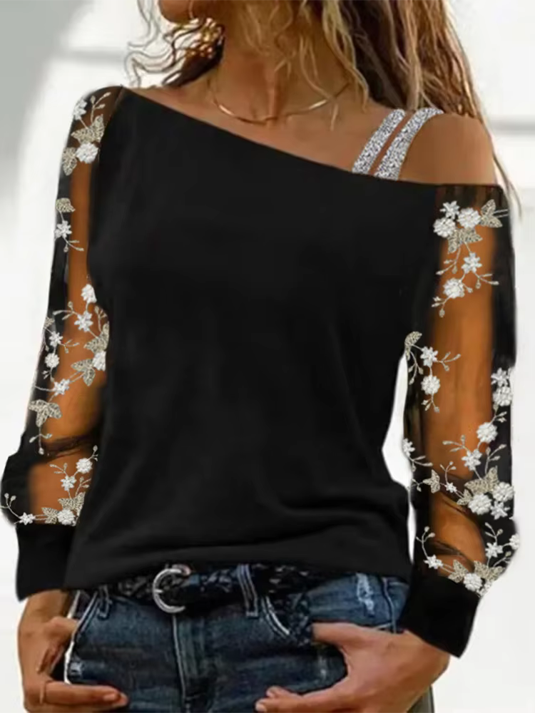 Sexy Off Shoulder Sloping Collar Long Sleeved Lace Printed Women's Top Daily Versatile Dating Partie