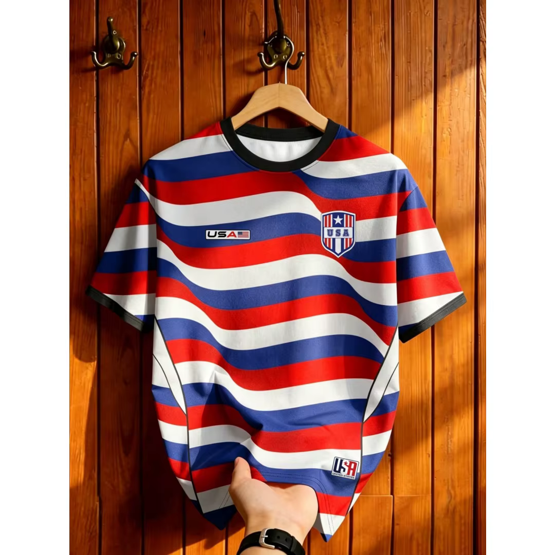 T-shirt ample à manches courtes pour homme, col rond, rayures ondulées USA, style patriotique, tenda