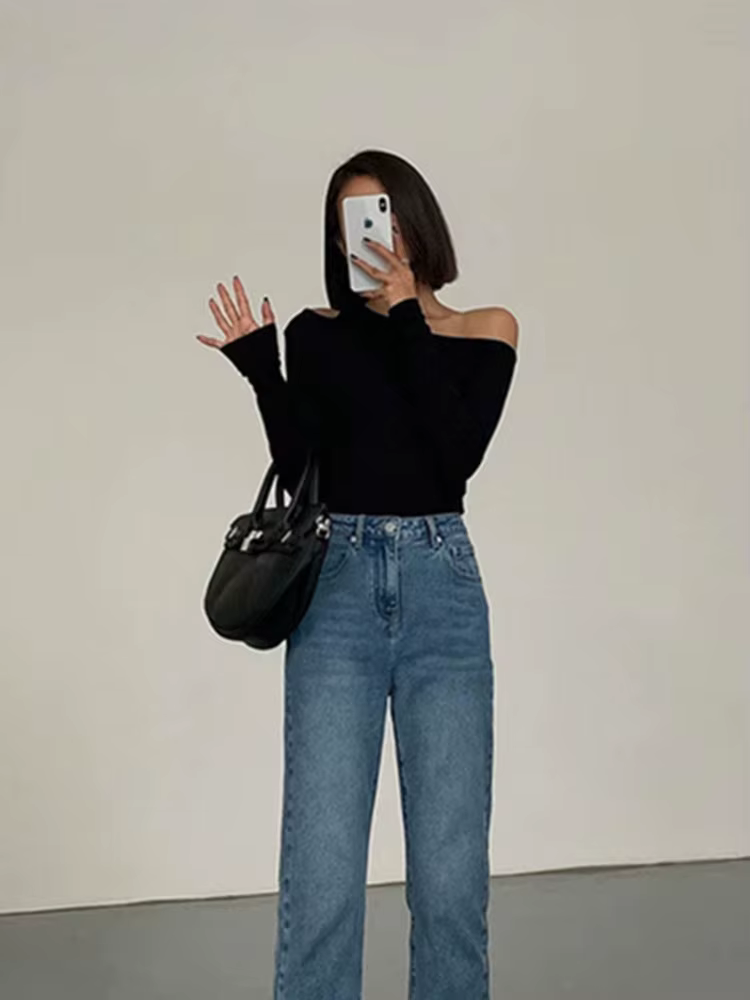 Mode col incliné épaules dénudées à manches longues T-shirts femmes printemps nouveau solide coupe a