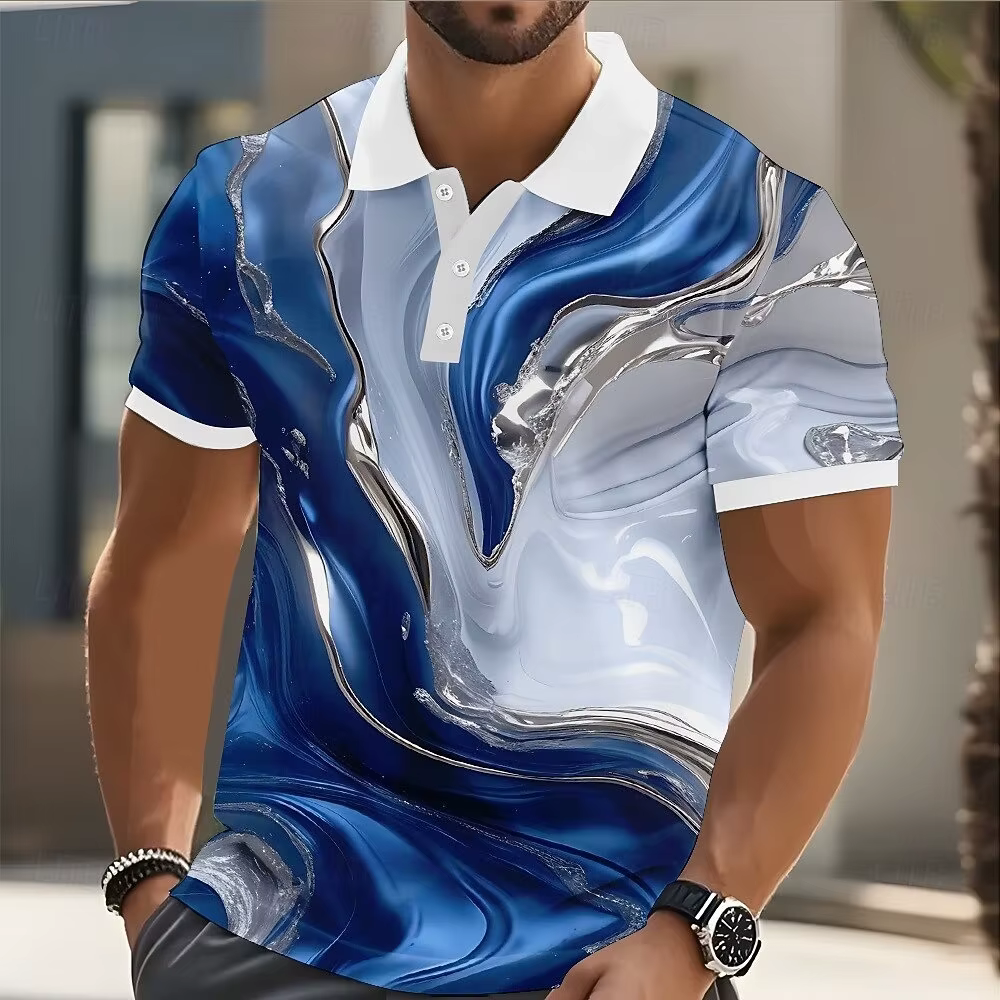 Polo en marbre pour hommes, manches courtes, chemises à col, décontracté, boutons d'athlétisme, été,