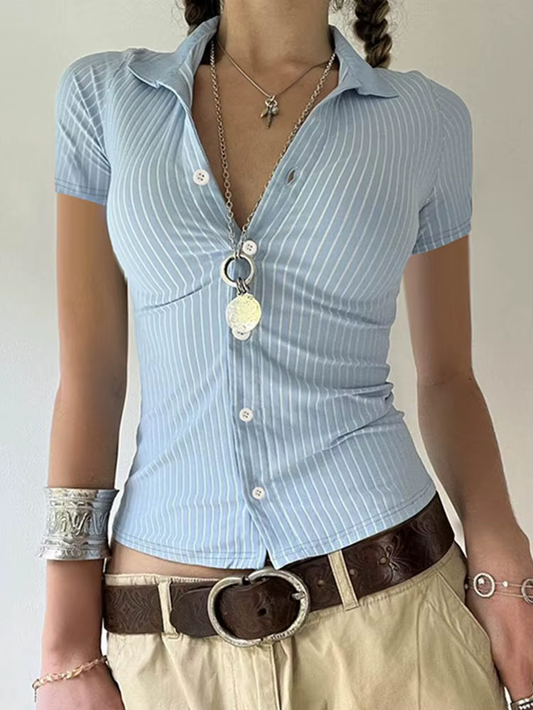 Sweetown chemises à manches courtes à rayures bleues pour femmes boutonné col rabattu mince Simple d