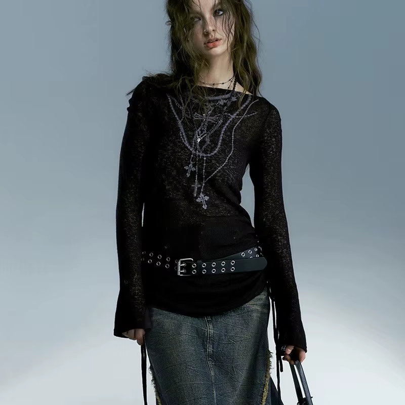 Karrcat Grunge esthétique tricoté hauts Vintage tatouage impression T-shirt Wasteland Punk noir côte
