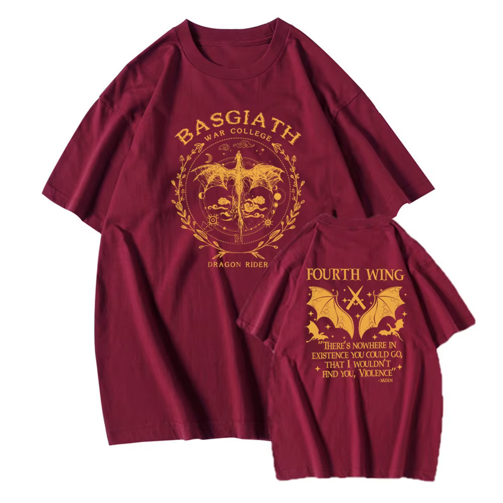 Basgiath War College T-Shirt imprimé sur 2 côtés Chemise à quatre ailes Dragon Rider Tee Violet Sorr