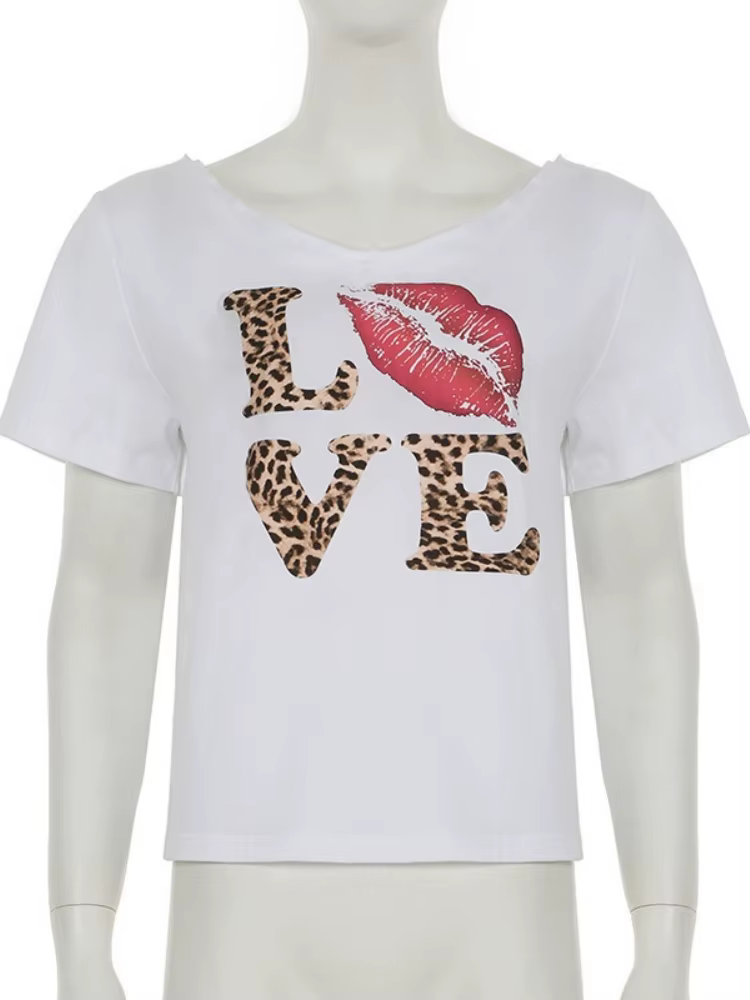 T-shirt surdimensionné à col incliné pour femmes, vêtements avec lettres imprimées, haut court, acce