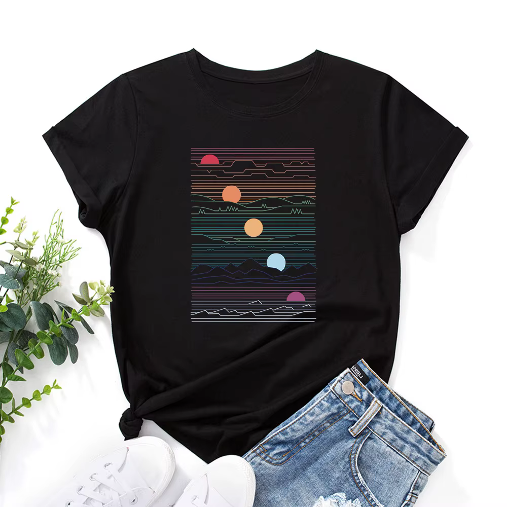 T-Shirt Surdimensionné pour Femme, 2024 Coton, à la Mode, avec Impression de Lever de Soleil, Décont