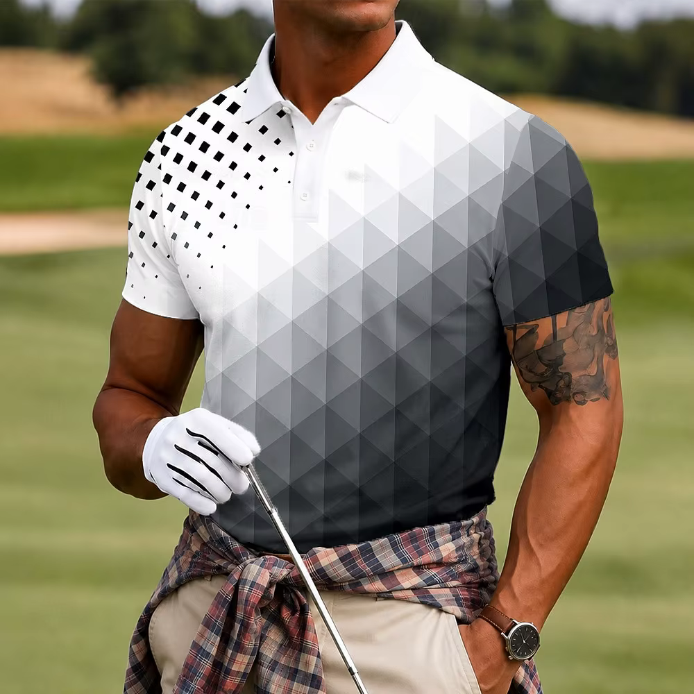 Polo pour homme à imprimé géométrique dégradé noir et blanc, hauts décontractés pour le printemps, l