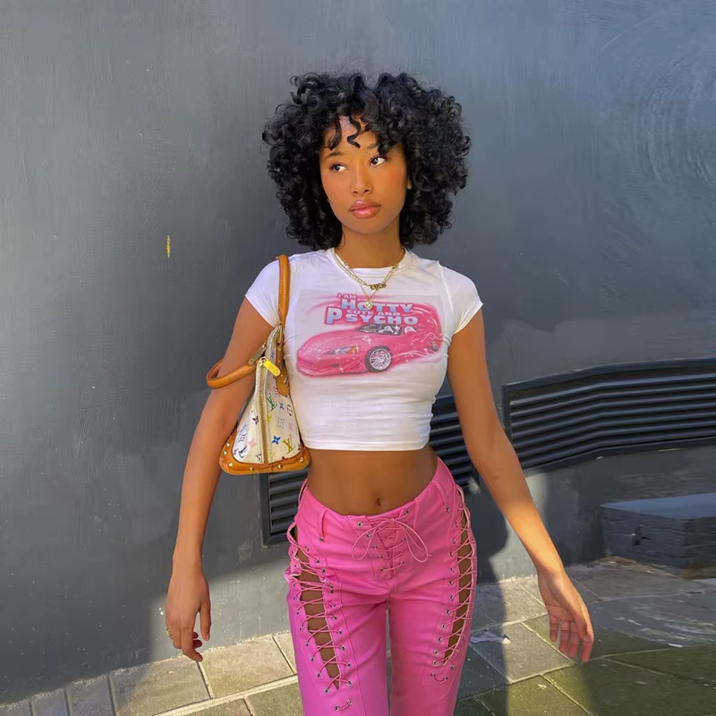 T-shirt manches courtes col rond femme, streetwear, blanc, skinny, imprimé mignon et psycho, Y2k, Ha