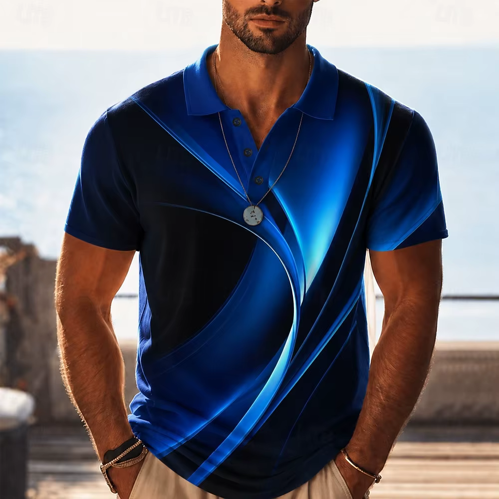 Polo pour homme à imprimé tourbillon dégradé bleu, hauts décontractés pour le printemps et l'été, st
