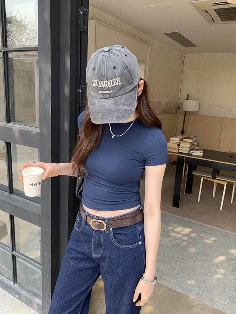 Haut court basique à manches courtes et col rond pour femme, T-shirt slim, décontracté, y2k, Vintage