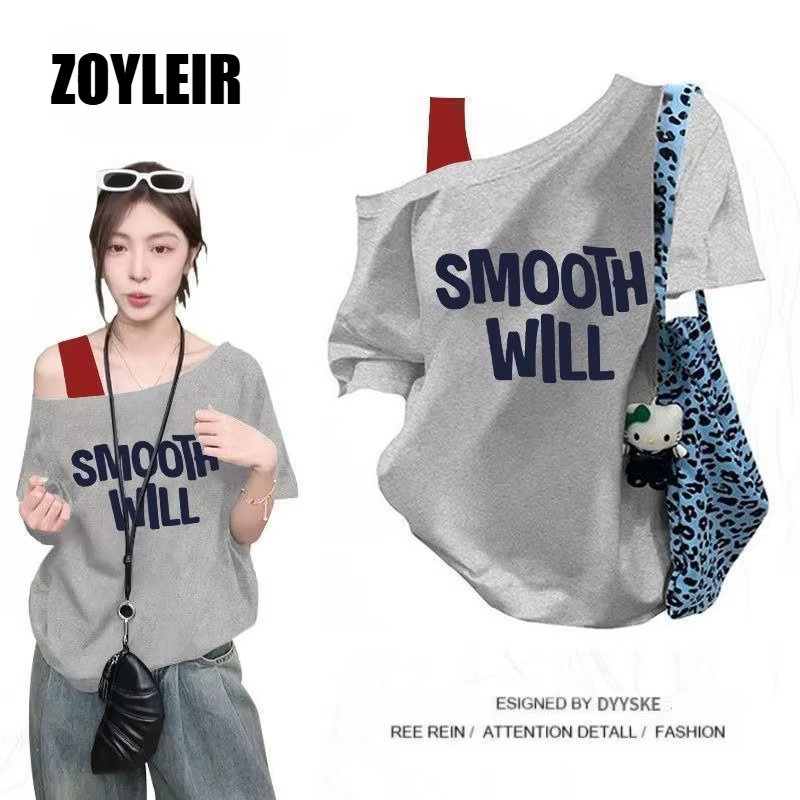 T-shirt élégant d'été asymétrique pour femme, faux deux-pièces, oversize, à motif graphique, manches
