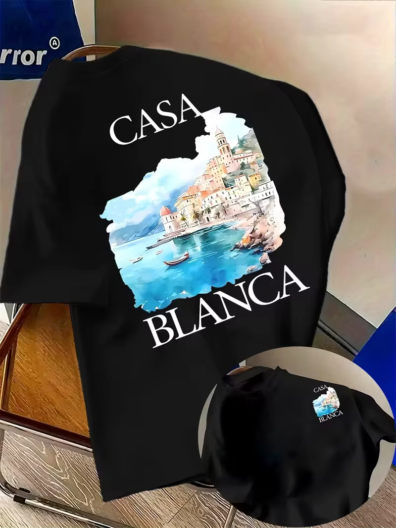 T-shirt graphique paysage côtier Casablanca, tee-shirt décontracté à imprimé rétro pour vacances d'é