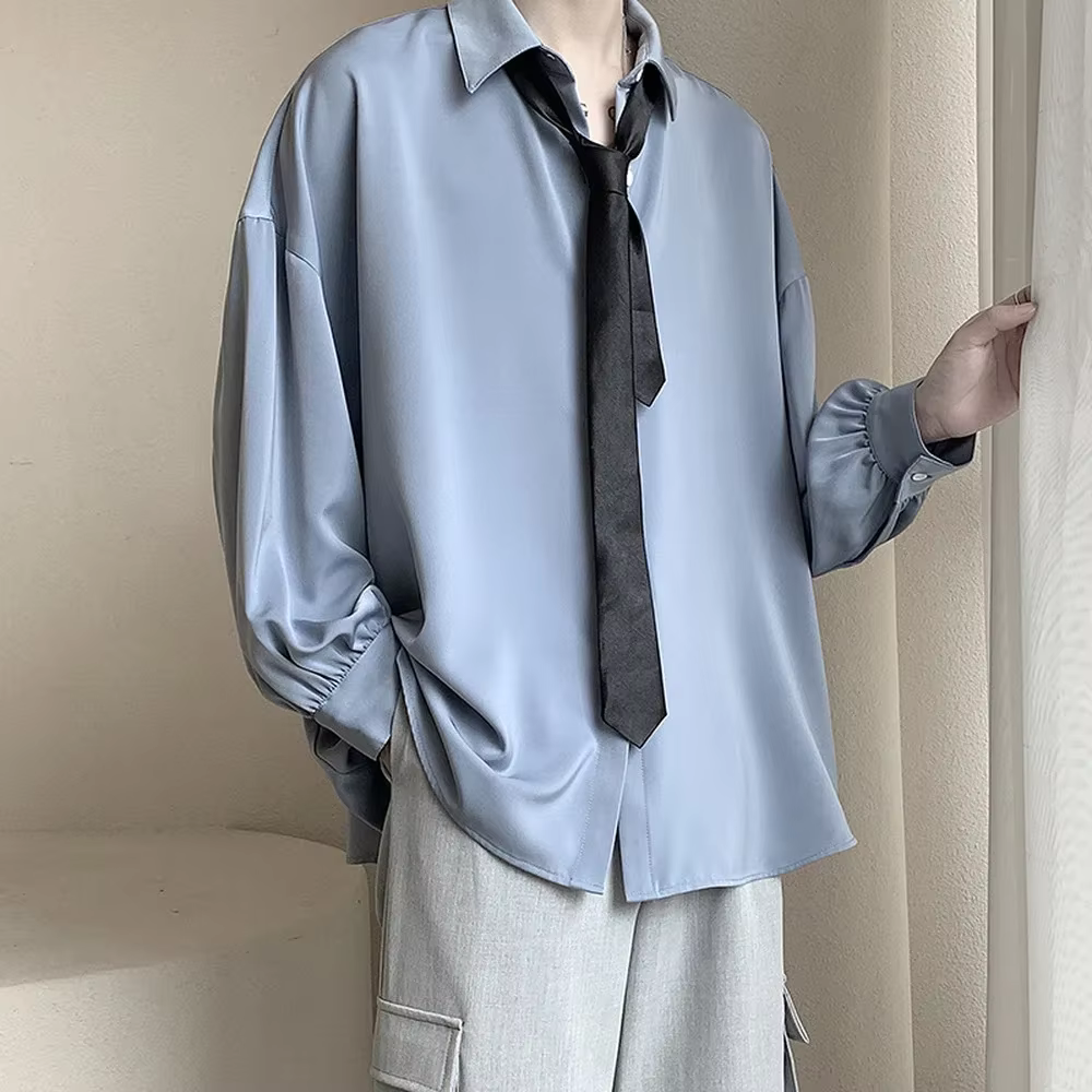 Chemises à manches longues pour hommes de Style coréen cravate noire confortable décontracté solide 