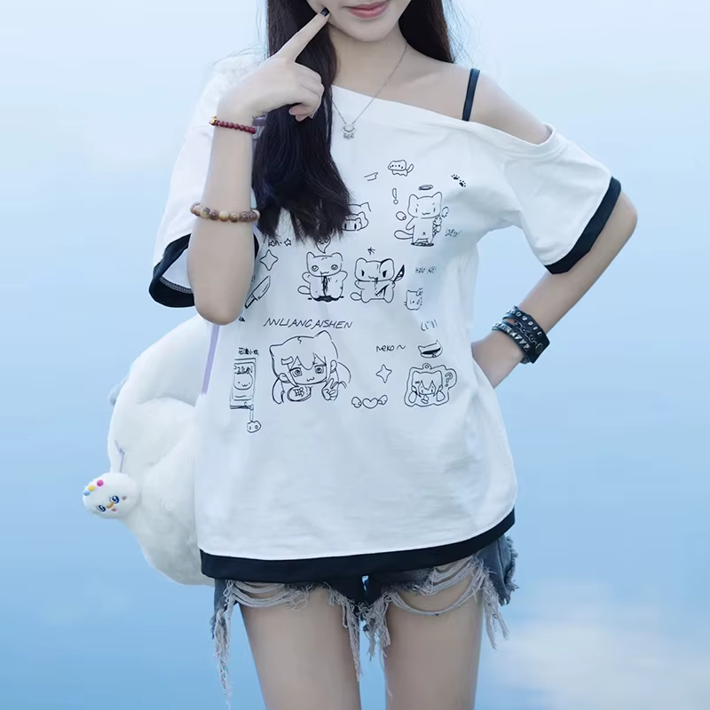 Japonais Y2k sous-culture mignon T-shirt épaules dénudées blanc à manches courtes été T-shirt femme