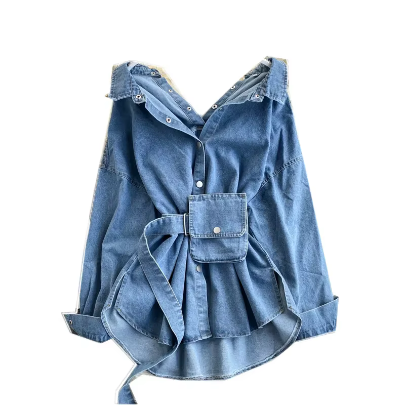 Chemises en denim à boutonnage simple pour femmes, chemisier délavé, vestes d'extérieur, sangle de t