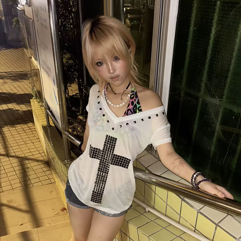 Karrram japonais Y2k métal croix imprimé T-shirt Vintage Harajuku manches courtes transparent hauts 