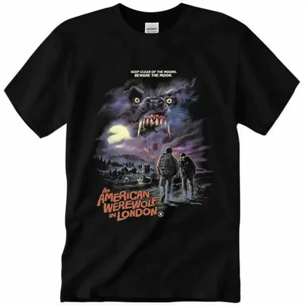 T-shirt noir imprimé Monstre Loup Géant 2026 été, motif Lune Sauvage, coupe ample et oversize, manch
