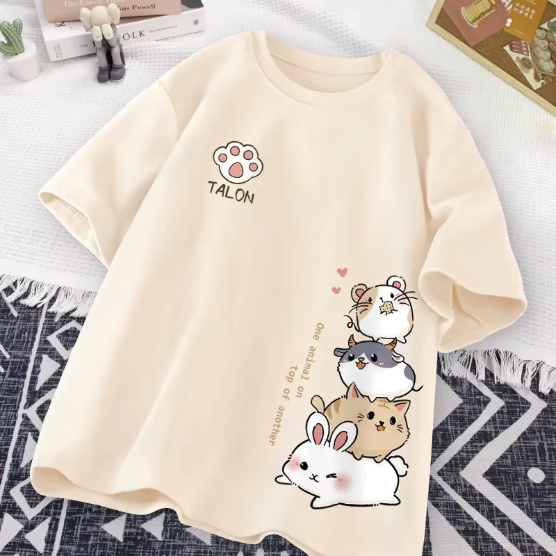 Mode d'été Simple chat impression universelle à manches courtes T-shirt ample décontracté grande tai