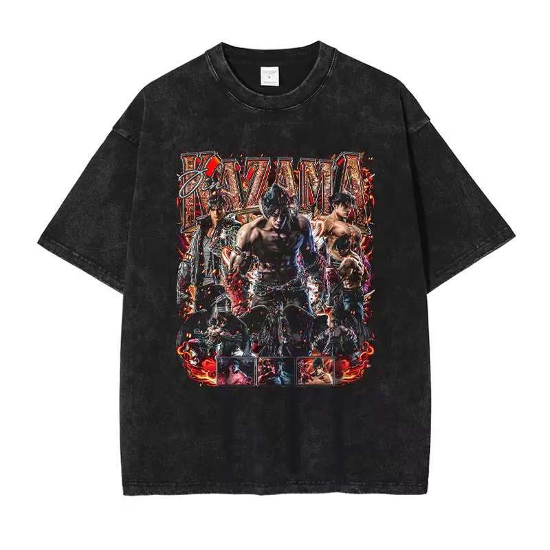 T-shirt manches courtes imprimé Jin Kazama Yoshimitsu PC Game, vintage, délavé, Hip Hop, Harajuku DT