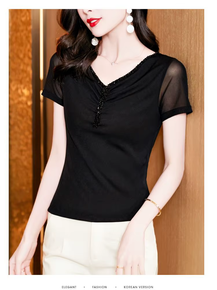 T-shirt manches courtes col en v pour femme, haut à la mode, gaine très extensible, maille