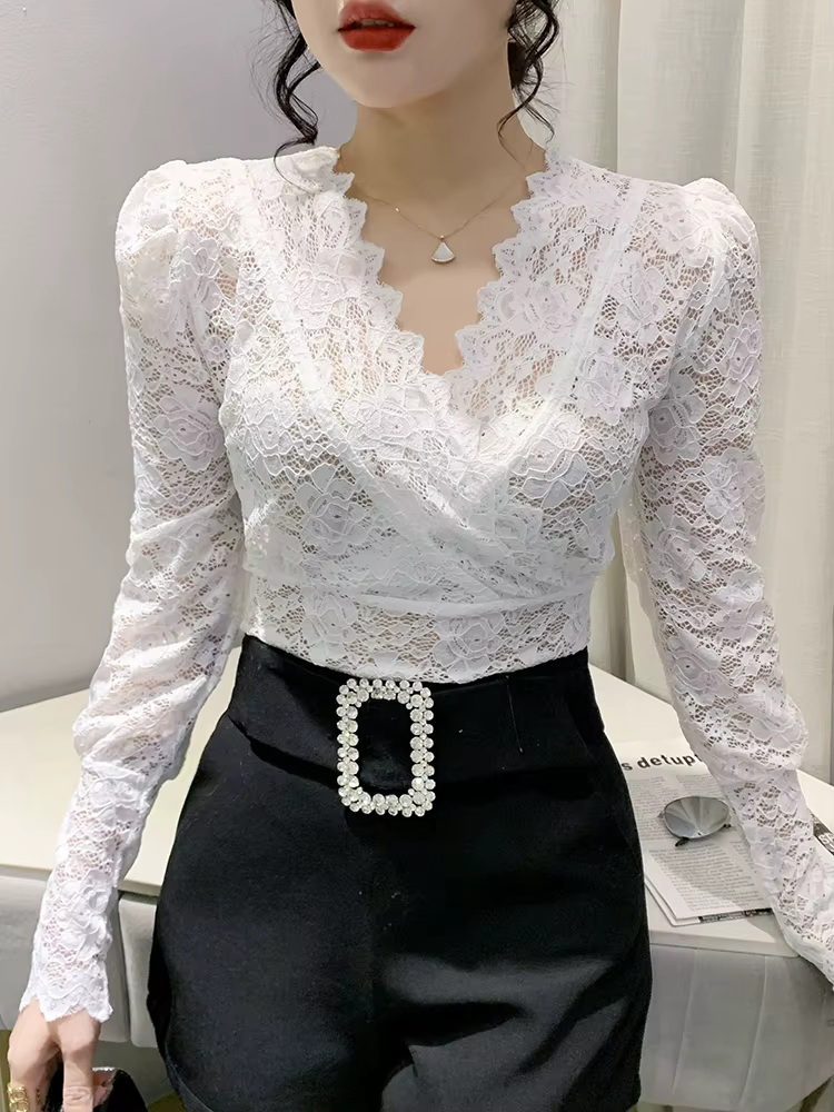T-shirt à col en V croisé à manches longues pour femmes, simple couche, dentelle évidée, t-shirts mi
