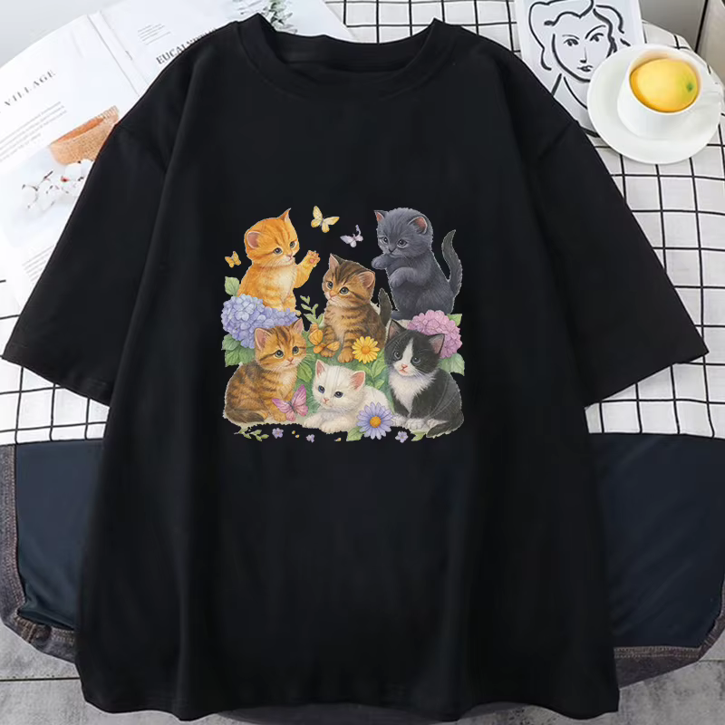 T-shirts à manches courtes avec imprimé chaton vintage mignon, t-shirts à col rond pour hommes et fe