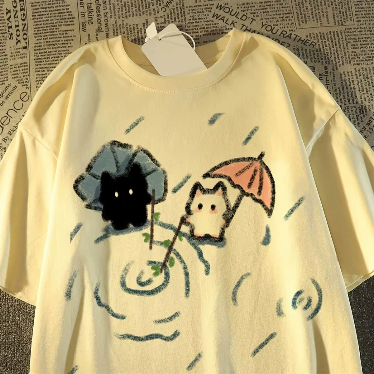 T-shirt à manches courtes avec un joli motif de chat japonais noir et blanc, haut d'été à manches co