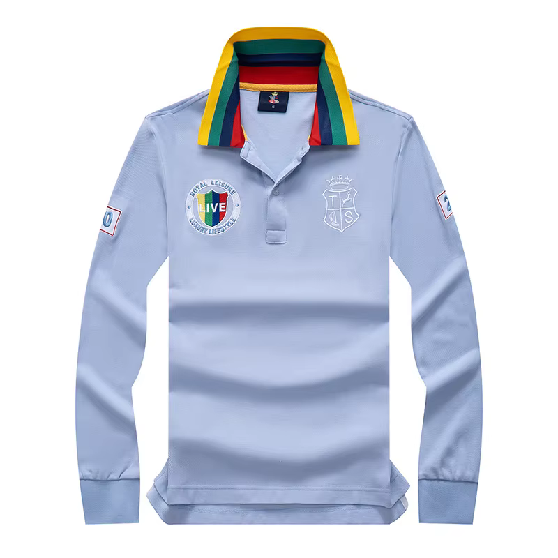 Polos pour hommes Gris 100% coton Polo à manches longues Col complet avec broderie Madrid Vêtements 